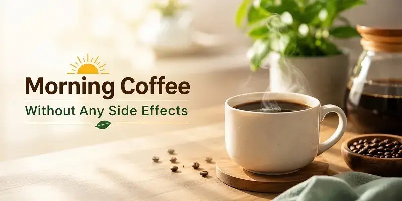 Making coffee in the morning without any side effects with a steaming cup of black coffee in a bright, healthy kitchen setting.